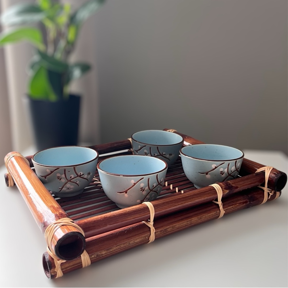 Set of Four Blue Ceramic Tea Bowls on Retro Bamboo Tray